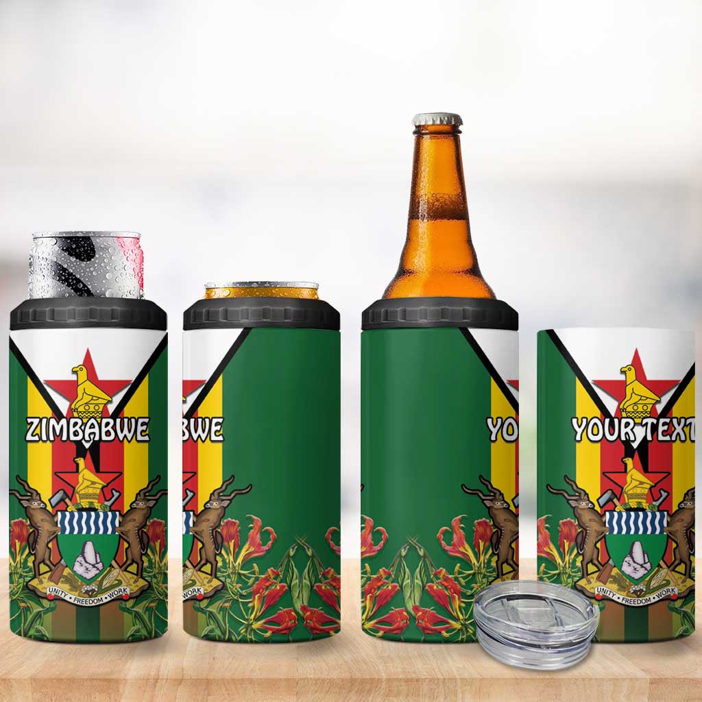 Personalised Zimbabwe Independence Day 4 in 1 Can Cooler Tumbler Coat Of Arms Fire Lilies