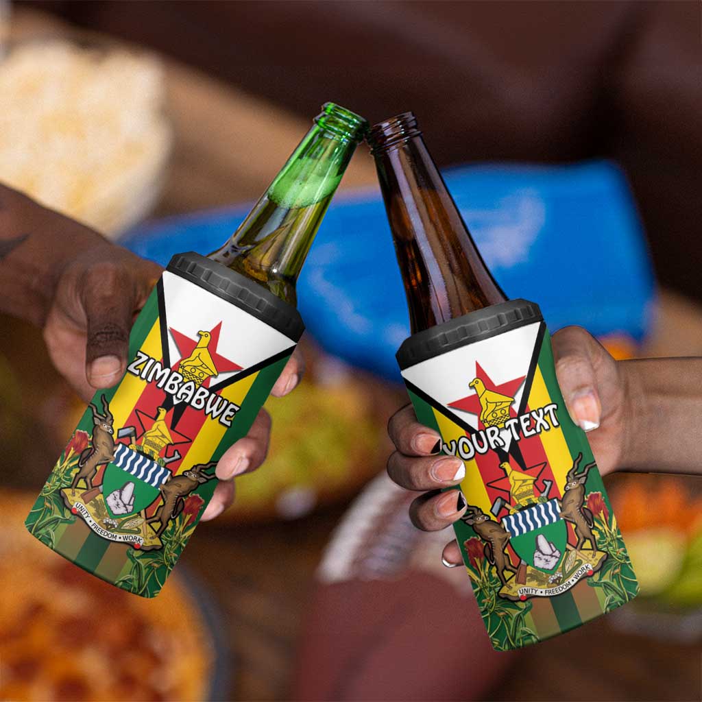 Personalised Zimbabwe Independence Day 4 in 1 Can Cooler Tumbler Coat Of Arms Fire Lilies