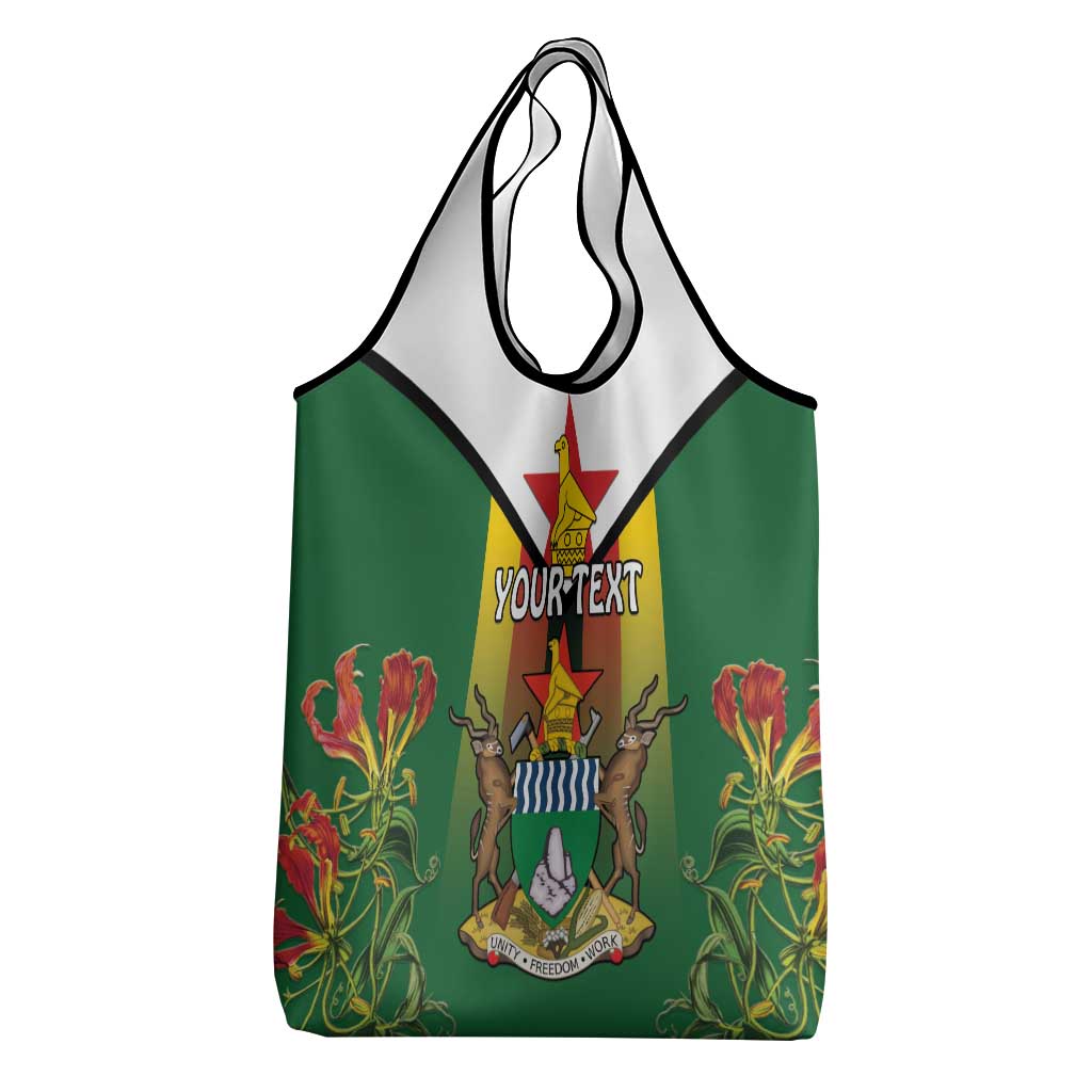 Personalised Zimbabwe Independence Day Grocery Bag Coat Of Arms Fire Lilies