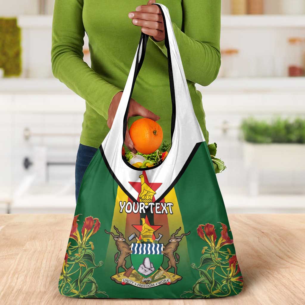 Personalised Zimbabwe Independence Day Grocery Bag Coat Of Arms Fire Lilies