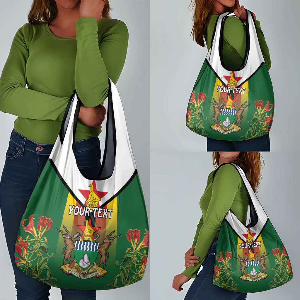 Personalised Zimbabwe Independence Day Grocery Bag Coat Of Arms Fire Lilies