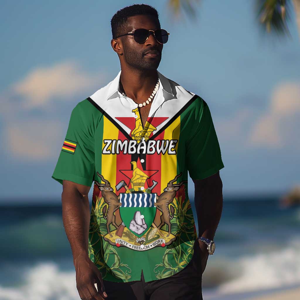 Personalised Zimbabwe Independence Day Hawaiian Shirt Coat Of Arms Fire Lilies