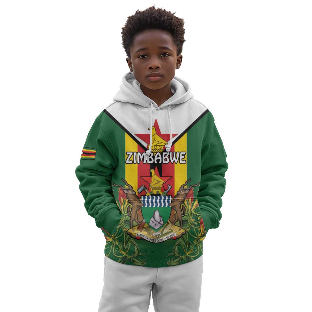 Personalised Zimbabwe Independence Day Kid Hoodie Coat Of Arms Fire Lilies