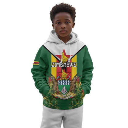 Personalised Zimbabwe Independence Day Kid Hoodie Coat Of Arms Fire Lilies