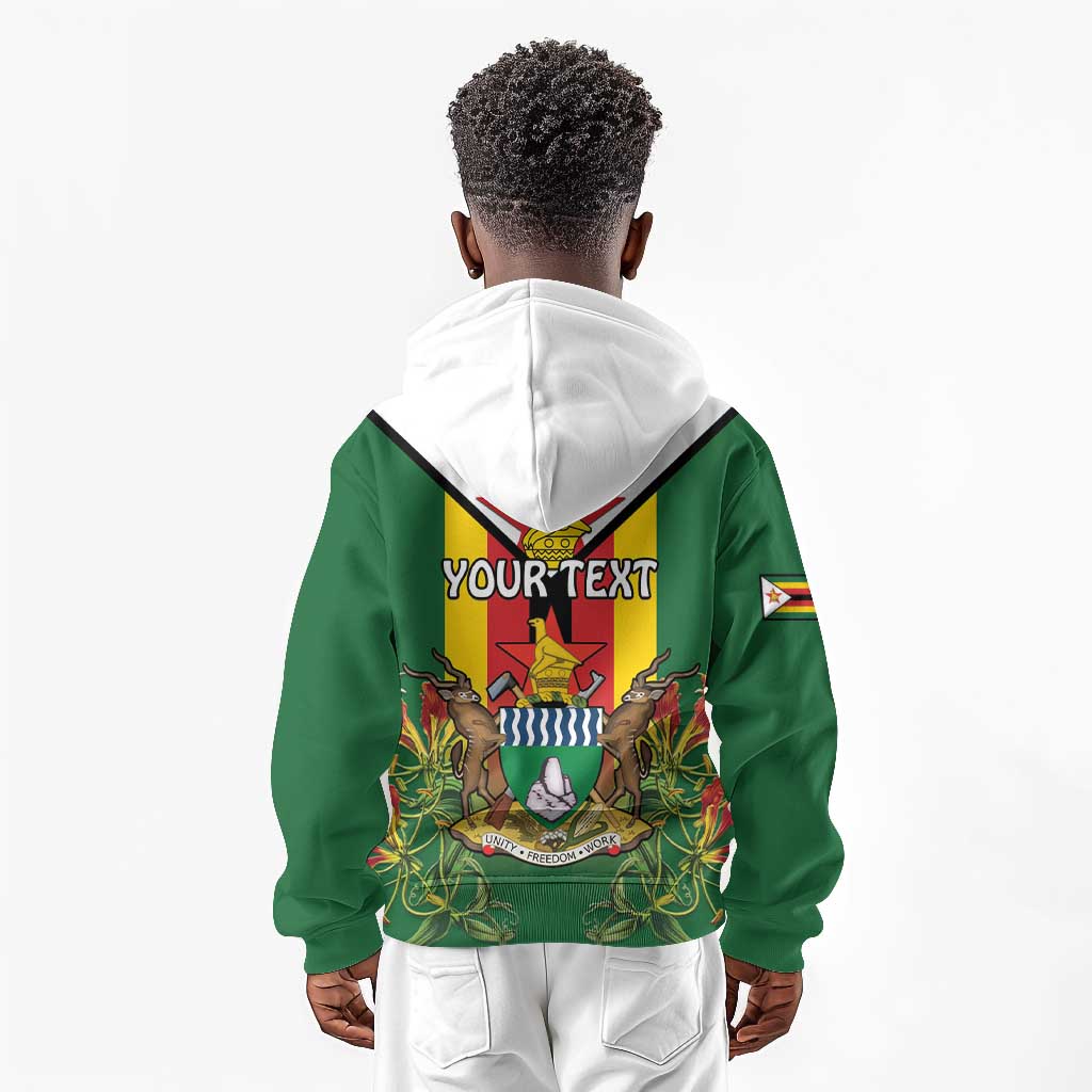 Personalised Zimbabwe Independence Day Kid Hoodie Coat Of Arms Fire Lilies