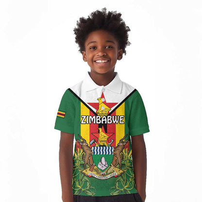 Personalised Zimbabwe Independence Day Kid Polo Shirt Coat Of Arms Fire Lilies