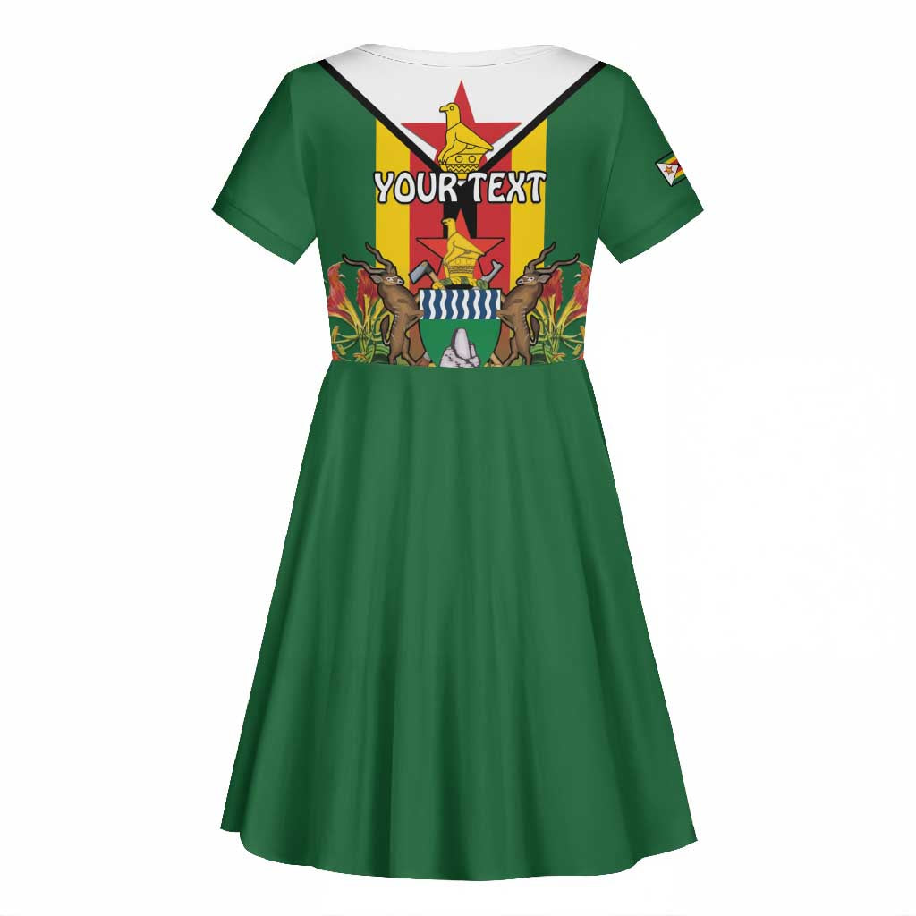Personalised Zimbabwe Independence Day Kid Short Sleeve Dress Coat Of Arms Fire Lilies