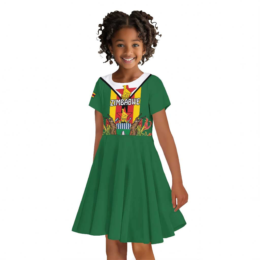 Personalised Zimbabwe Independence Day Kid Short Sleeve Dress Coat Of Arms Fire Lilies
