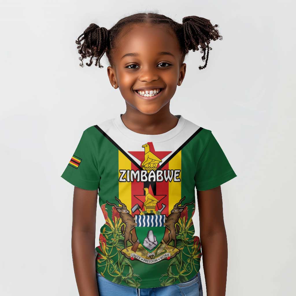 Personalised Zimbabwe Independence Day Kid T shirt Coat Of Arms Fire Lilies