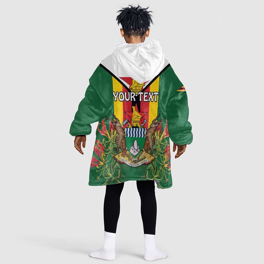 Personalised Zimbabwe Independence Day Kid Wearable Blanket Hoodie Coat Of Arms Fire Lilies