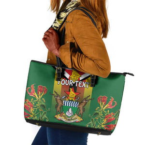 Personalised Zimbabwe Independence Day Leather Tote Bag Coat Of Arms Fire Lilies
