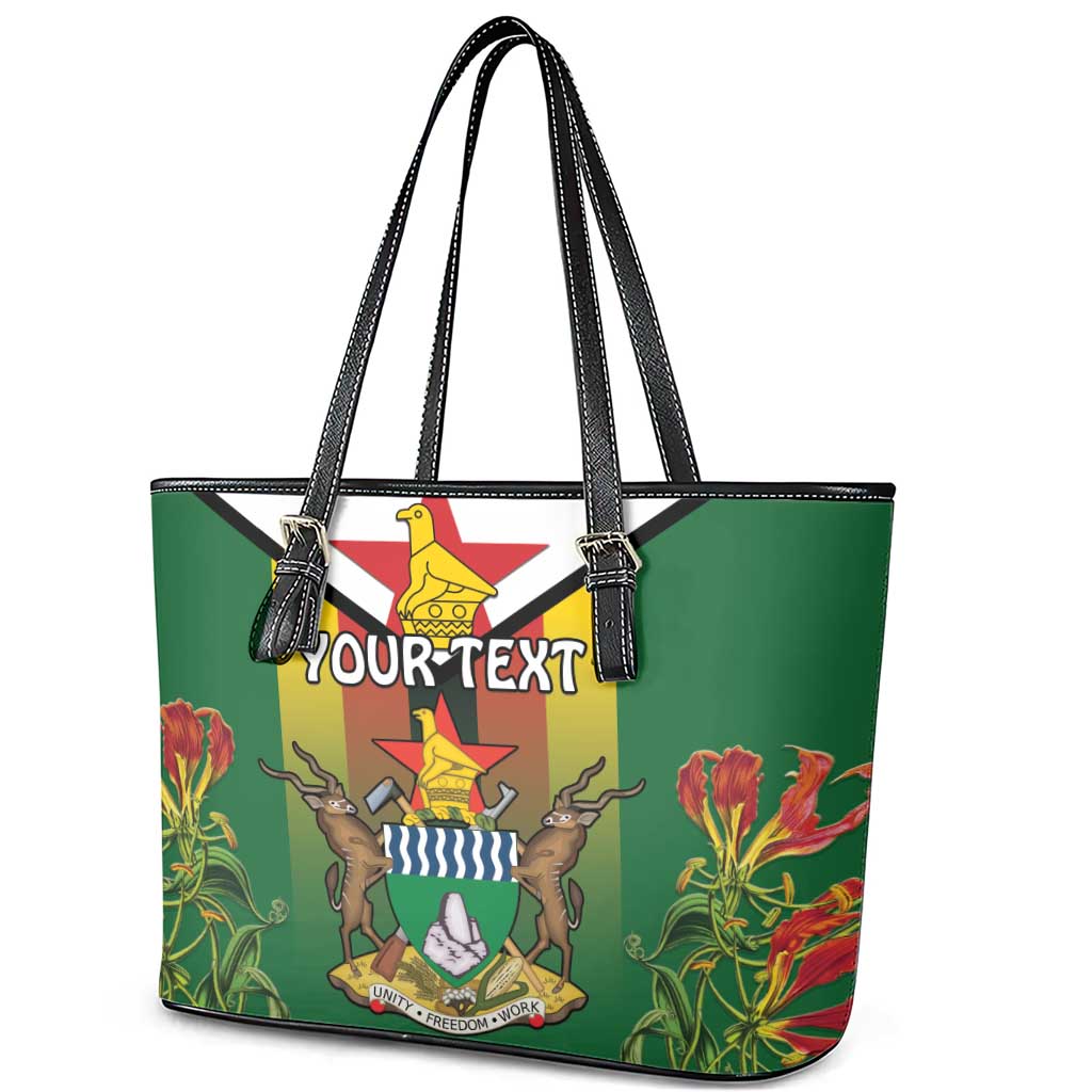 Personalised Zimbabwe Independence Day Leather Tote Bag Coat Of Arms Fire Lilies
