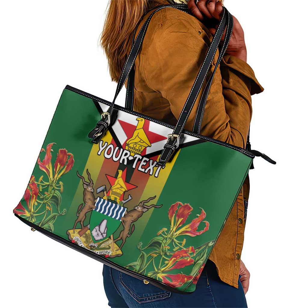 Personalised Zimbabwe Independence Day Leather Tote Bag Coat Of Arms Fire Lilies