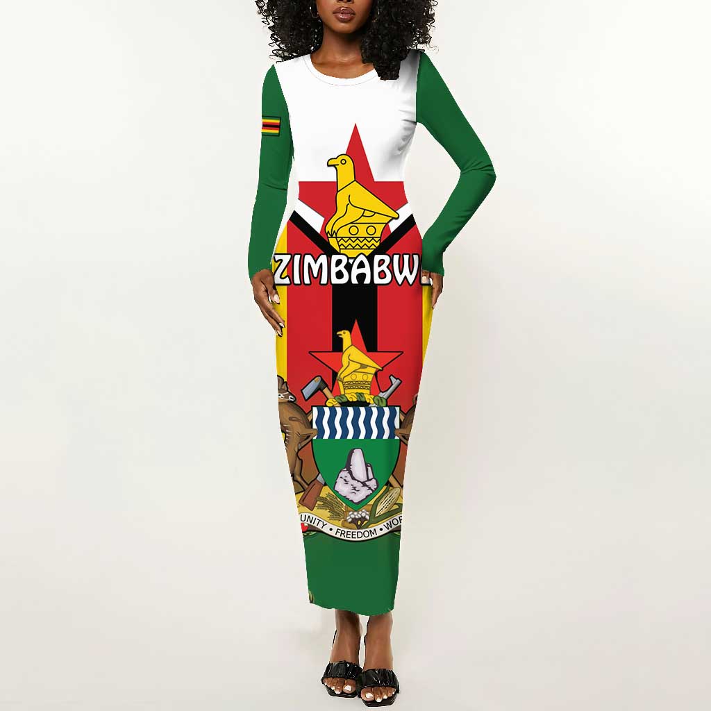 Personalised Zimbabwe Independence Day Long Sleeve Bodycon Dress Coat Of Arms Fire Lilies LT15