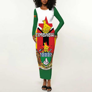 Personalised Zimbabwe Independence Day Long Sleeve Bodycon Dress Coat Of Arms Fire Lilies LT15