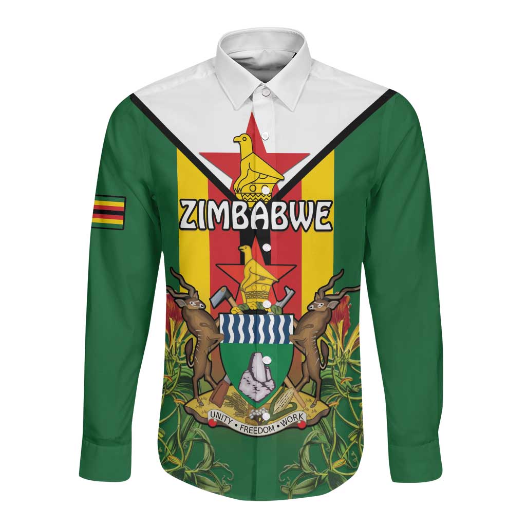 Personalised Zimbabwe Independence Day Long Sleeve Button Shirt Coat Of Arms Fire Lilies