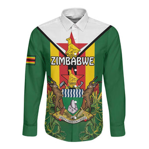 Personalised Zimbabwe Independence Day Long Sleeve Button Shirt Coat Of Arms Fire Lilies