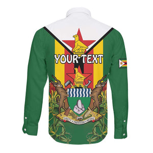 Personalised Zimbabwe Independence Day Long Sleeve Button Shirt Coat Of Arms Fire Lilies