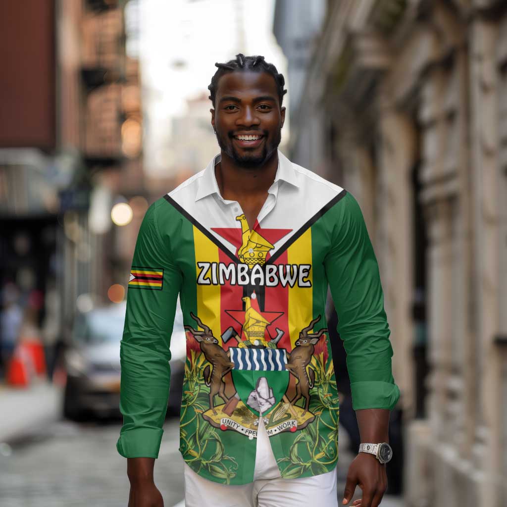 Personalised Zimbabwe Independence Day Long Sleeve Button Shirt Coat Of Arms Fire Lilies