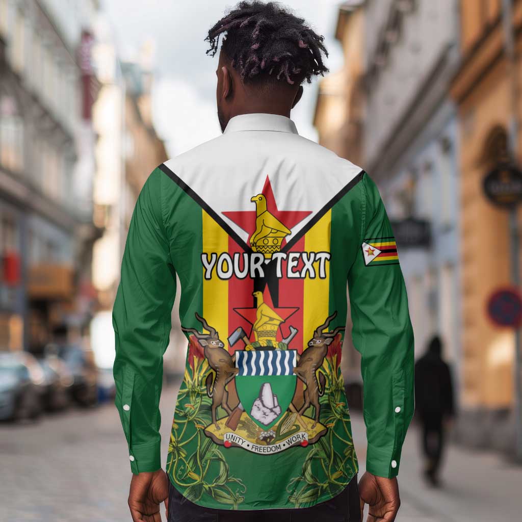 Personalised Zimbabwe Independence Day Long Sleeve Button Shirt Coat Of Arms Fire Lilies