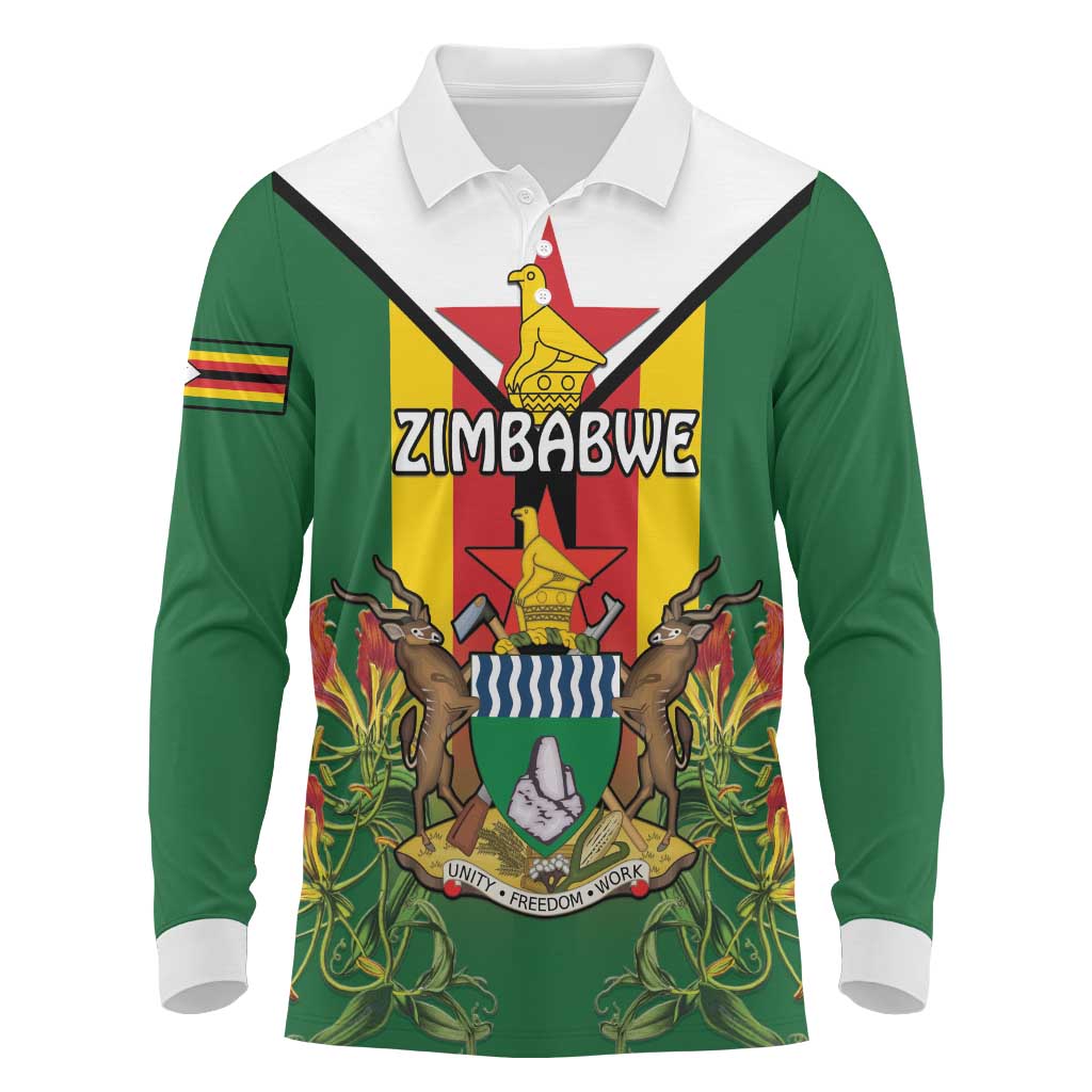 Personalised Zimbabwe Independence Day Long Sleeve Polo Shirt Coat Of Arms Fire Lilies
