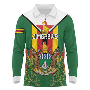 Personalised Zimbabwe Independence Day Long Sleeve Polo Shirt Coat Of Arms Fire Lilies