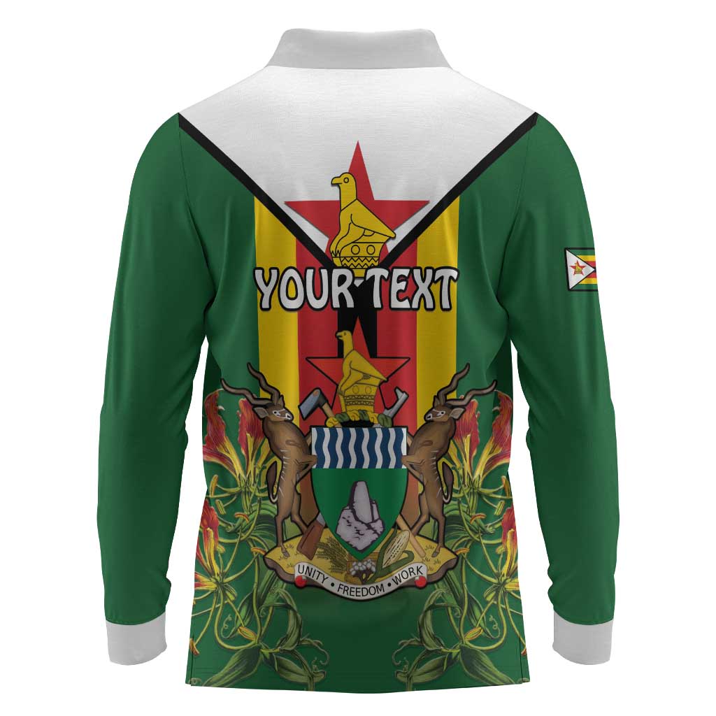 Personalised Zimbabwe Independence Day Long Sleeve Polo Shirt Coat Of Arms Fire Lilies