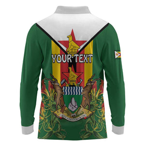 Personalised Zimbabwe Independence Day Long Sleeve Polo Shirt Coat Of Arms Fire Lilies