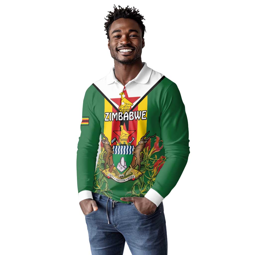 Personalised Zimbabwe Independence Day Long Sleeve Polo Shirt Coat Of Arms Fire Lilies