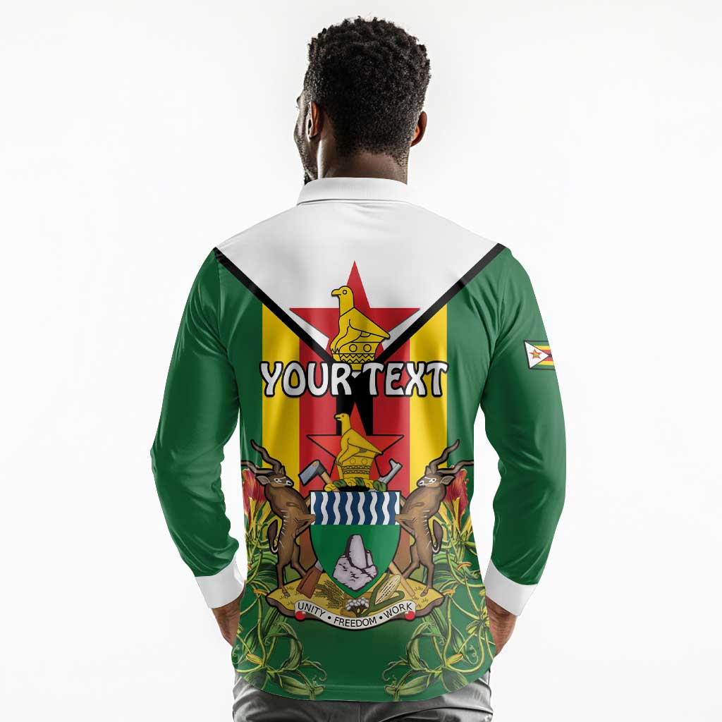 Personalised Zimbabwe Independence Day Long Sleeve Polo Shirt Coat Of Arms Fire Lilies