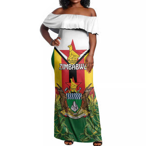 Personalised Zimbabwe Independence Day Off Shoulder Maxi Dress Coat Of Arms Fire Lilies