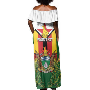 Personalised Zimbabwe Independence Day Off Shoulder Maxi Dress Coat Of Arms Fire Lilies