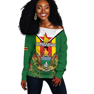 Personalised Zimbabwe Independence Day Off Shoulder Sweater Coat Of Arms Fire Lilies