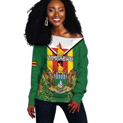 Personalised Zimbabwe Independence Day Off Shoulder Sweater Coat Of Arms Fire Lilies
