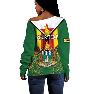 Personalised Zimbabwe Independence Day Off Shoulder Sweater Coat Of Arms Fire Lilies