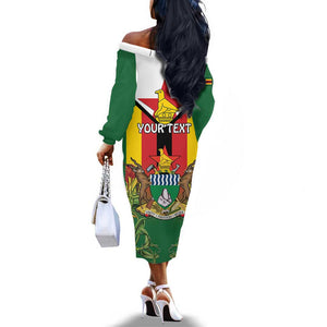 Personalised Zimbabwe Independence Day Off The Shoulder Long Sleeve Dress Coat Of Arms Fire Lilies