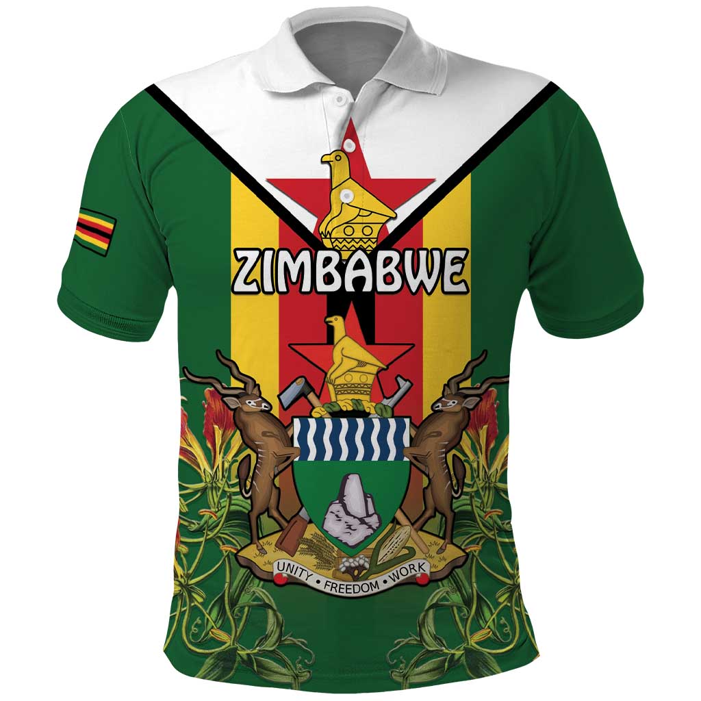 Personalised Zimbabwe Independence Day Polo Shirt Coat Of Arms Fire Lilies