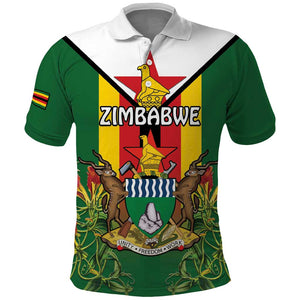 Personalised Zimbabwe Independence Day Polo Shirt Coat Of Arms Fire Lilies