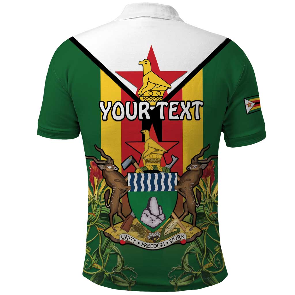 Personalised Zimbabwe Independence Day Polo Shirt Coat Of Arms Fire Lilies