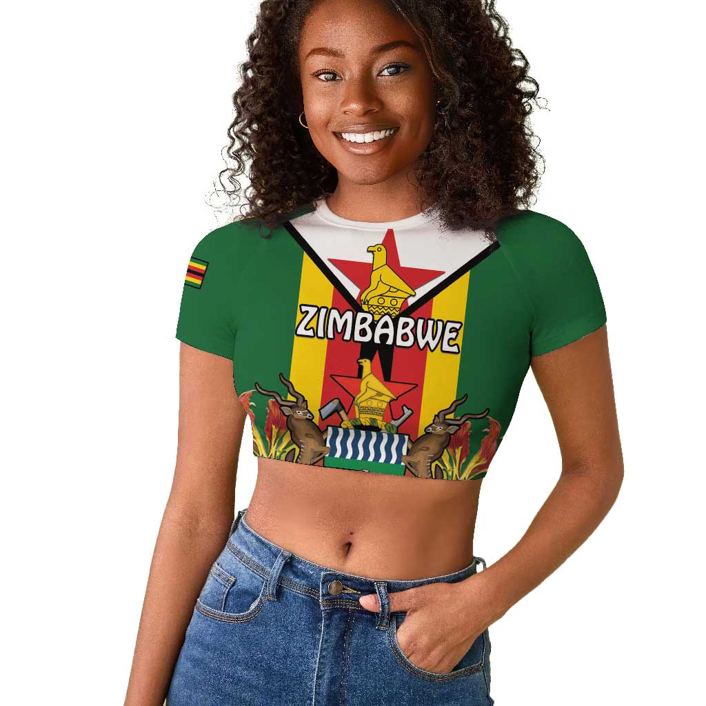 Personalised Zimbabwe Independence Day Raglan Cropped T shirt Coat Of Arms Fire Lilies