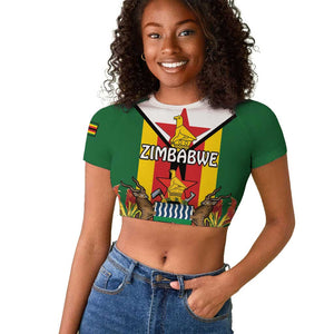 Personalised Zimbabwe Independence Day Raglan Cropped T shirt Coat Of Arms Fire Lilies