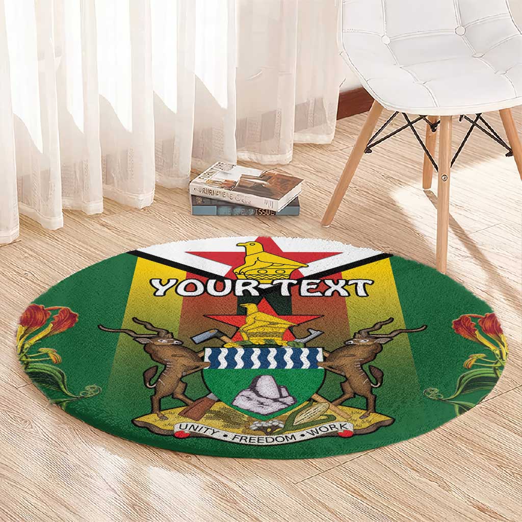 Personalised Zimbabwe Independence Day Round Carpet Coat Of Arms Fire Lilies