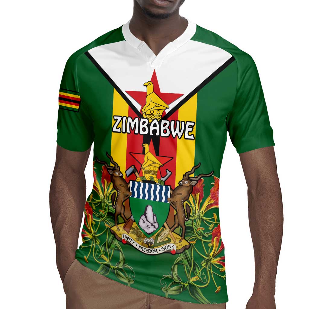 Personalised Zimbabwe Independence Day Rugby Jersey Coat Of Arms Fire Lilies