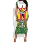 Personalised Zimbabwe Independence Day Short Sleeve Bodycon Dress Coat Of Arms Fire Lilies LT15