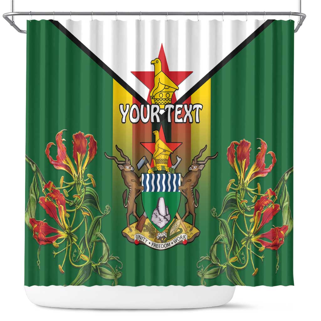 Personalised Zimbabwe Independence Day Shower Curtain Coat Of Arms Fire Lilies