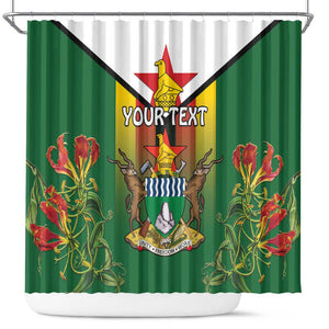 Personalised Zimbabwe Independence Day Shower Curtain Coat Of Arms Fire Lilies