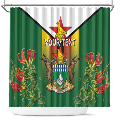 Personalised Zimbabwe Independence Day Shower Curtain Coat Of Arms Fire Lilies