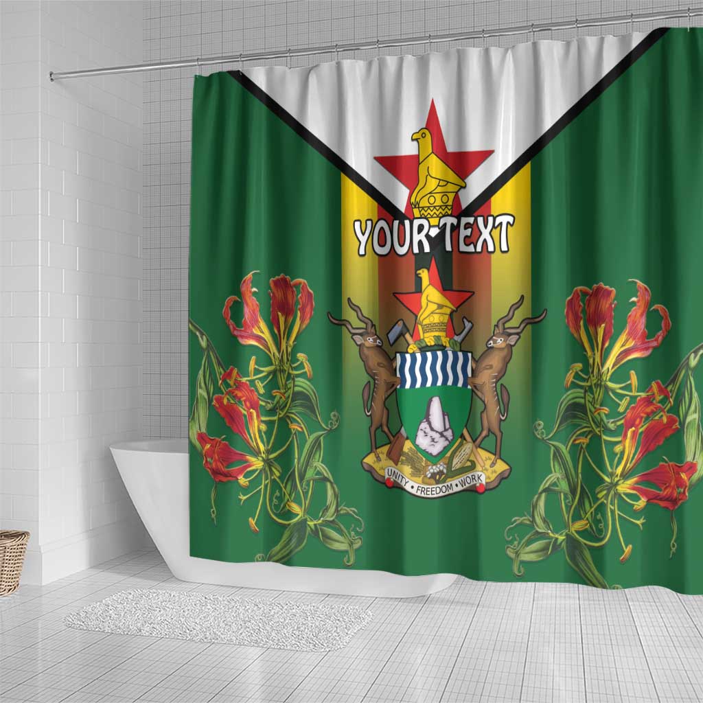 Personalised Zimbabwe Independence Day Shower Curtain Coat Of Arms Fire Lilies