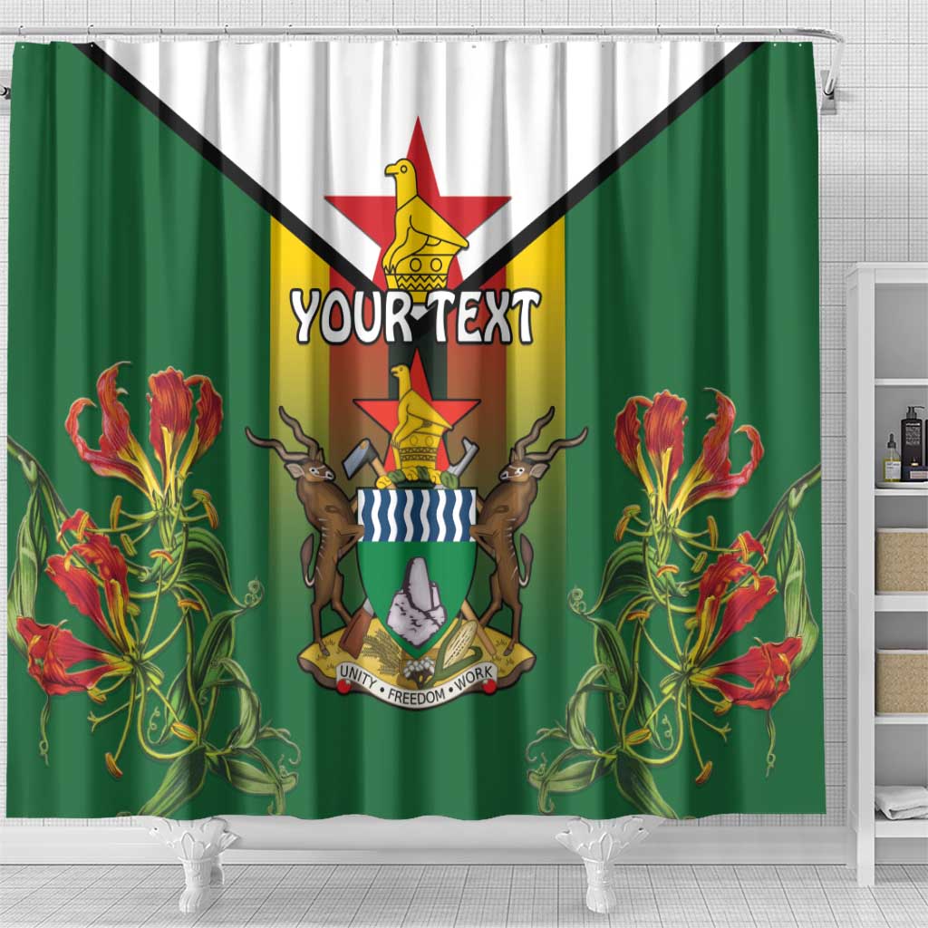 Personalised Zimbabwe Independence Day Shower Curtain Coat Of Arms Fire Lilies