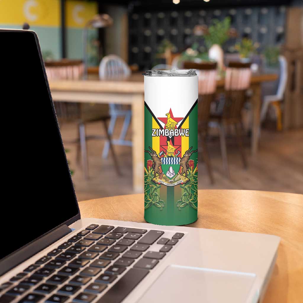 Personalised Zimbabwe Independence Day Skinny Tumbler Coat Of Arms Fire Lilies